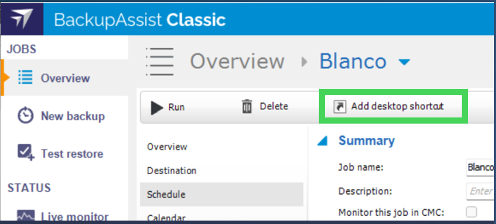 Add desktop shortcut button on the Jobs Overview screen in BackupAssist Classic