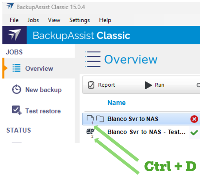 Job ID numbers shown under each backup job in BackupAssist Classic after pressing Ctrl + D