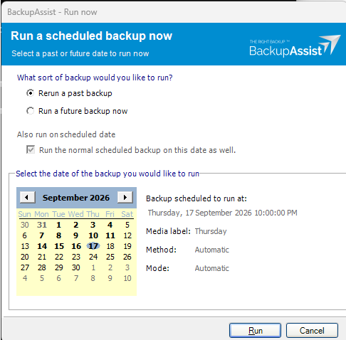 BackupAssist Run now window, which opens when the launcher runs without a parameter