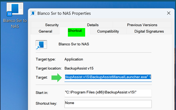 Shortcut Properties window with the Target field showing the BackupAssistManualLauncher.exe command and job number